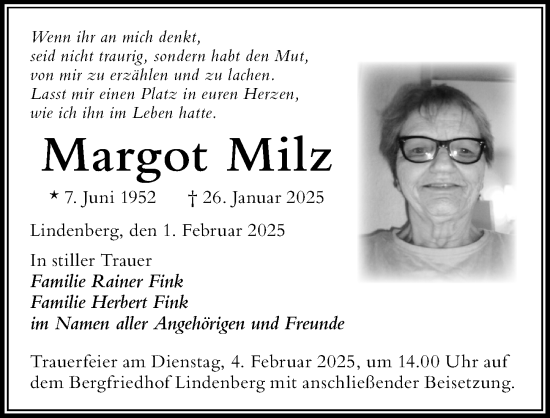 Traueranzeige von Margot Milz von Der Westallgäuer