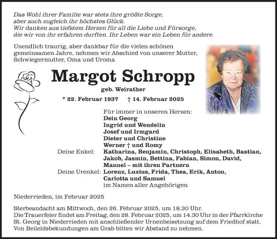 Traueranzeige von Margot Schropp von Memminger Zeitung