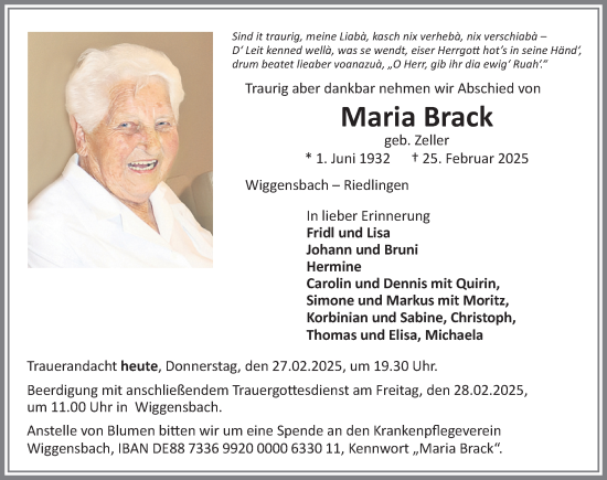 Traueranzeige von Maria Brack von Allgäuer Zeitung,Kempten