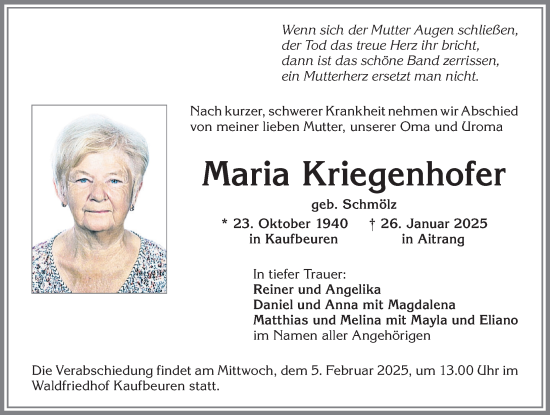 Traueranzeige von Maria Kriegenhofer von Allgäuer Zeitung, Kaufbeuren/Buchloe