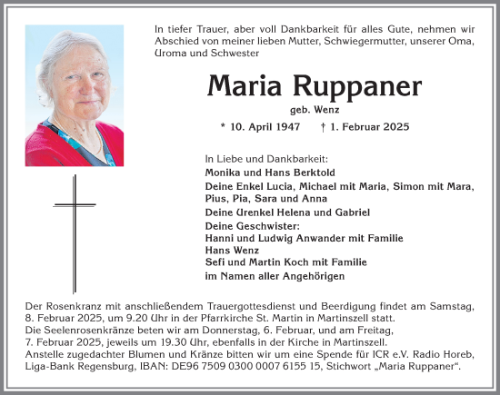 Traueranzeige von Maria Ruppaner von Allgäuer Anzeigeblatt