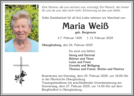 Traueranzeige von Maria Weiß von Allgäuer Zeitung, Marktoberdorf