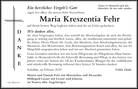 Traueranzeige von Maria Kreszentia Fehr von Der Westallgäuer
