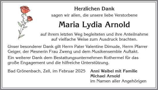Traueranzeige von Maria Lydia Arnold von Memminger Zeitung