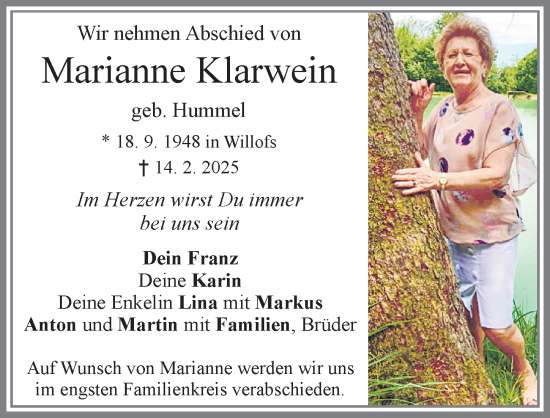 Traueranzeige von Marianne Klarwein von Allgäuer Zeitung, Marktoberdorf