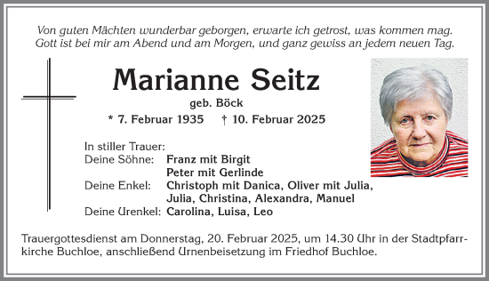 Traueranzeige von Marianne Seitz von Allgäuer Zeitung, Kaufbeuren/Buchloe