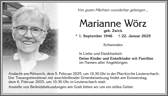 Traueranzeige von Marianne Wörz von Allgäuer Zeitung, Marktoberdorf