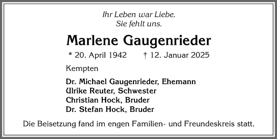 Traueranzeige von Marlene Gaugenrieder von Allgäuer Zeitung,Kempten