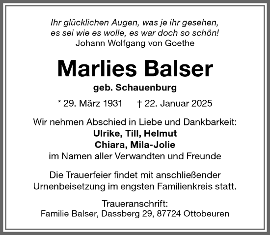 Traueranzeige von Marlies Balser von Memminger Zeitung