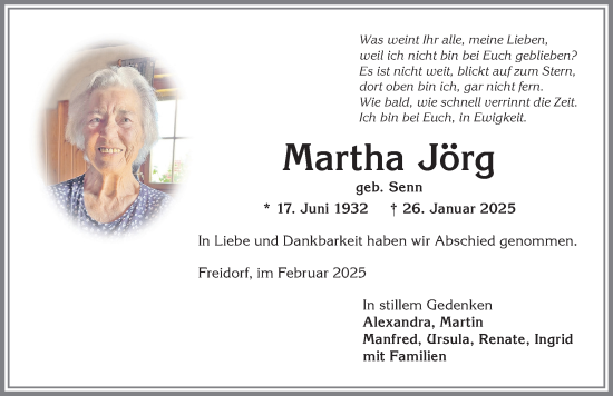 Traueranzeige von Martha Jörg von Allgäuer Anzeigeblatt