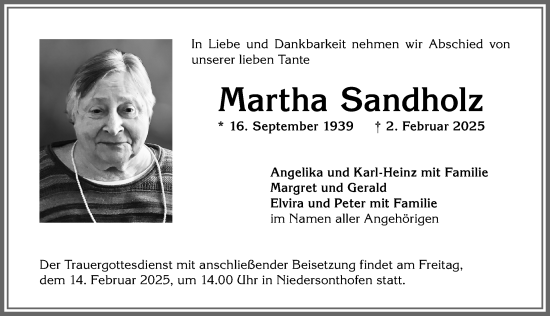 Traueranzeige von Martha Sandholz von Allgäuer Anzeigeblatt