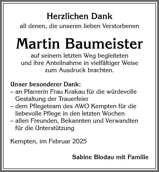 Traueranzeige von Martin Baumeister von Allgäuer Zeitung,Kempten