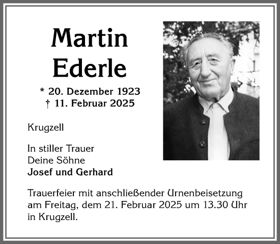 Traueranzeige von Martin Ederle von Allgäuer Zeitung,Kempten