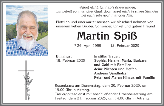 Traueranzeige von Martin Spiß von Allgäuer Zeitung, Marktoberdorf