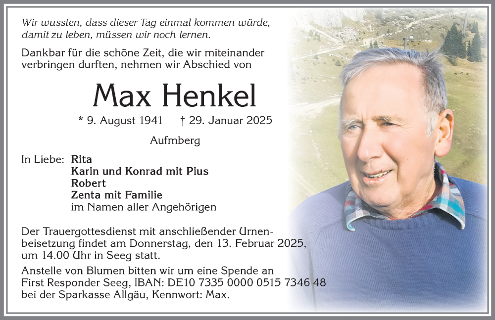  Traueranzeige für Max Henkel vom 08.02.2025 aus Allgäuer Zeitung, Füssen