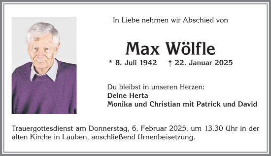 Traueranzeige von Max Wölfle von Allgäuer Zeitung,Kempten