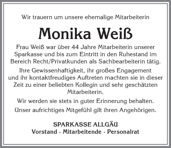 Traueranzeige von Monika Weiß von Allgäuer Zeitung,Kempten