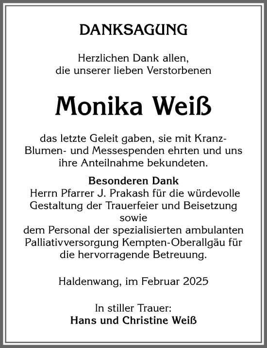 Traueranzeige von Monika Weiß von Allgäuer Zeitung,Kempten