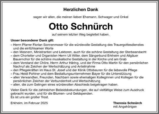 Traueranzeige von Otto Schnürch von Memminger Zeitung