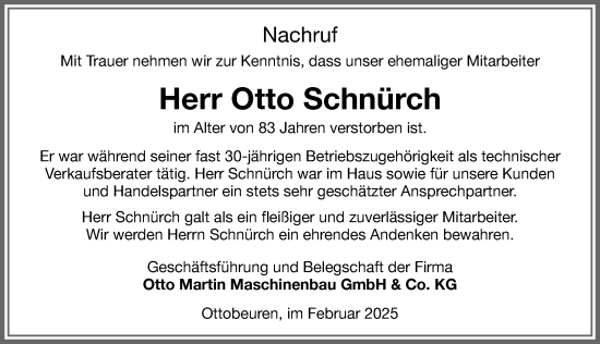 Traueranzeige von Otto Schnürch von Memminger Zeitung