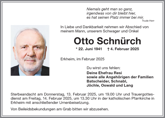 Traueranzeige von Otto Schnürch von Memminger Zeitung