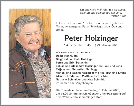 Traueranzeige von Peter Holzinger von Memminger Zeitung