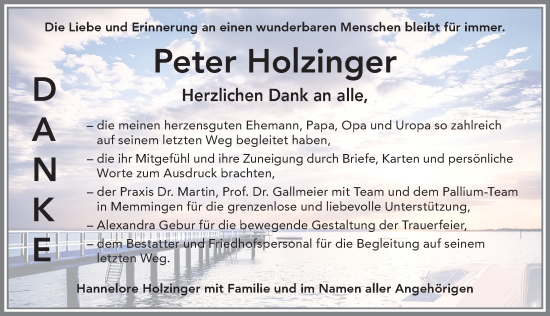 Traueranzeige von Peter Holzinger von Memminger Zeitung