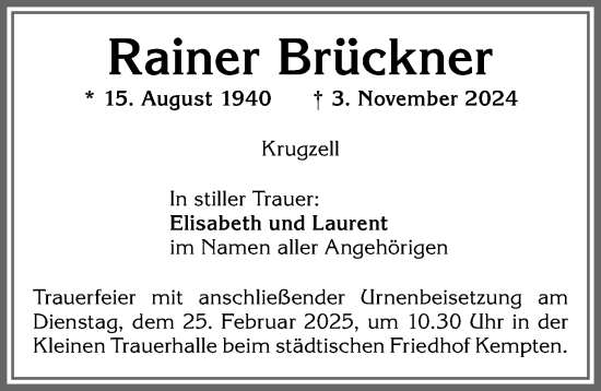 Traueranzeige von Rainer Brückner von Allgäuer Zeitung,Kempten