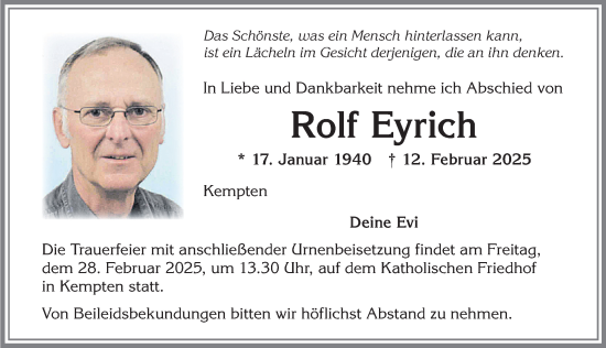 Traueranzeige von Rolf Eyrich von Allgäuer Zeitung,Kempten