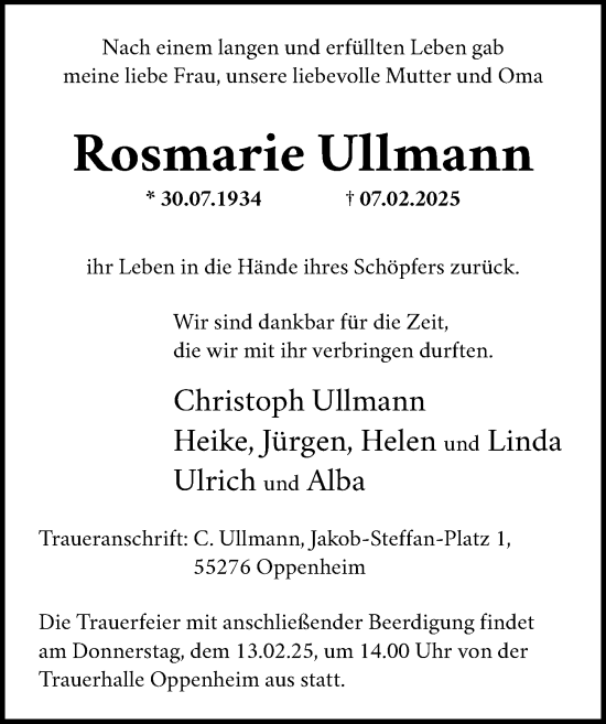 Traueranzeige von Rosmarie Ullmann von Allgäuer Zeitung,Kempten