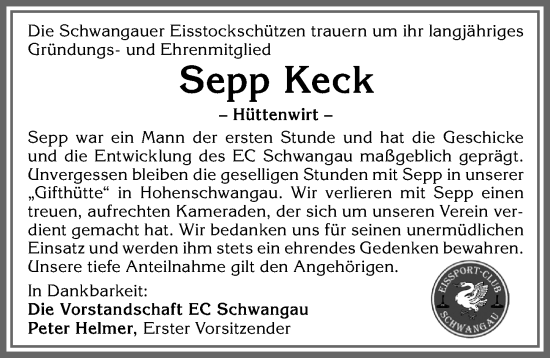 Traueranzeige von Sepp Keck von Allgäuer Zeitung, Füssen