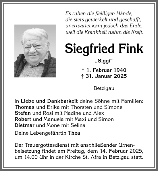 Traueranzeige von Siegfried Fink von Allgäuer Zeitung,Kempten