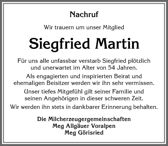 Traueranzeige von Siegfried Martin von Allgäuer Zeitung, Marktoberdorf