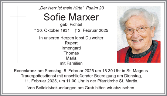 Traueranzeige von Sofie Marxer von Allgäuer Zeitung, Marktoberdorf