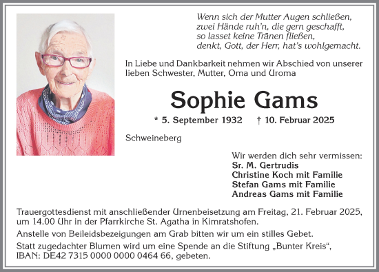 Traueranzeige von Sophie Gams von Allgäuer Zeitung,Kempten