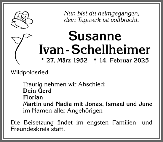 Traueranzeige von Susanne Ivan-Schellheimer von Allgäuer Zeitung,Kempten