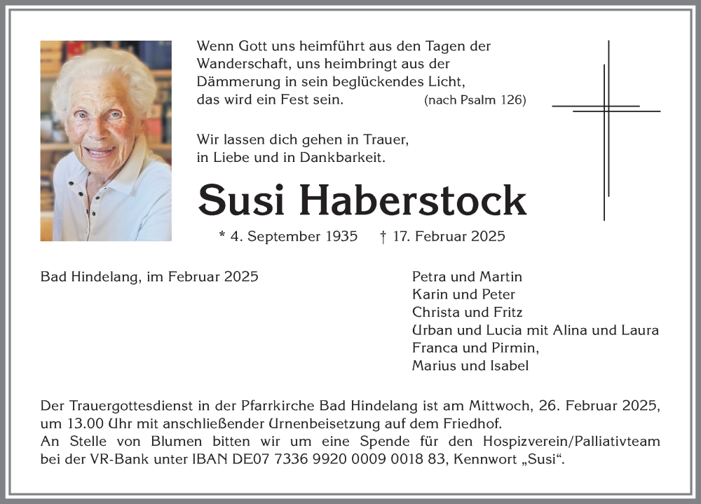  Traueranzeige für Susi Haberstock vom 22.02.2025 aus Allgäuer Anzeigeblatt