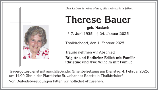 Traueranzeige von Therese Bauer von Allgäuer Anzeigeblatt
