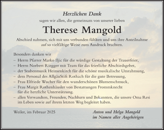 Traueranzeige von Therese Mangold von Der Westallgäuer