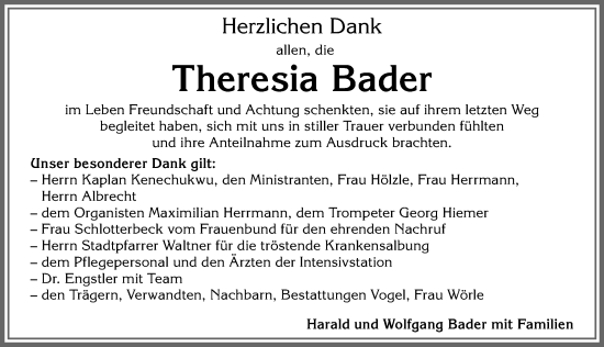 Traueranzeige von Theresia Bader von Allgäuer Zeitung, Kaufbeuren/Buchloe