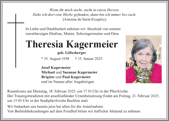 Traueranzeige von Theresia Kagermeier von Allgäuer Zeitung, Kaufbeuren/Buchloe