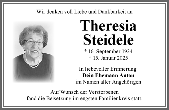 Traueranzeige von Theresia Steidele von Memminger Zeitung