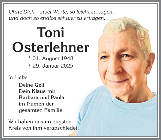 Traueranzeige von Toni Osterlehner von Allgäuer Zeitung, Kaufbeuren/Buchloe