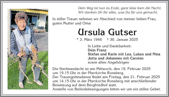 Traueranzeige von Ursula Gutser von Allgäuer Zeitung, Marktoberdorf