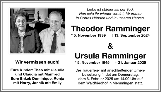 Traueranzeige von Ursula Ramminger von Memminger Zeitung