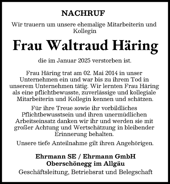 Traueranzeige von Waltraud Häring von Memminger Zeitung