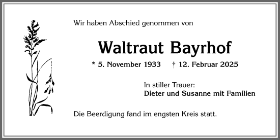 Traueranzeige von Waltraut Bayrhof von Allgäuer Zeitung,Kempten