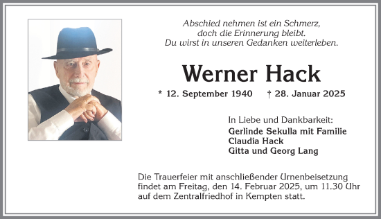 Traueranzeige von Werner Hack von Allgäuer Zeitung,Kempten