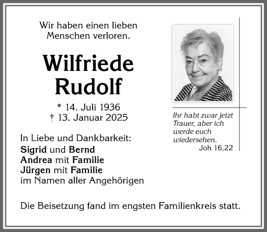 Traueranzeige von Wilfriede Rudolf von Allgäuer Zeitung,Kempten
