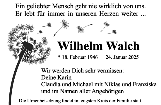 Traueranzeige von Wilhelm Walch von Allgäuer Anzeigeblatt